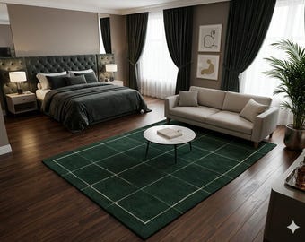 Tapete de lã verde esmeralda, textura linear tufada à mão, tapete minimalista para áreas externas.