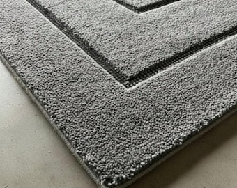 Tapete de lã tufado à mão – Borda geométrica moderna, tapete cinza para áreas externas.
