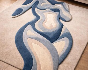 Abstract Hand Tufted Wool Rug, Blue Tones Modern Cut Pile Carpet, Premium Handmade Area Rug for Living Room, Luxury Home Decor, Mi Carpet Ar