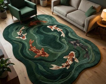Hand-Tufted 3D Koi Fish Wool Rug – Serene Pond Design Carpet