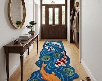 Tapete para lago com carpas koi, feito à mão – 100% lã, tapete 3D para jardim aquático.