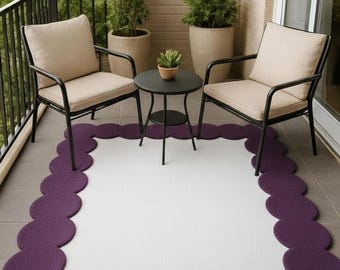 Tapete de lã tufado à mão com borda ondulada – Tapete minimalista moderno com borda roxa 5x8
