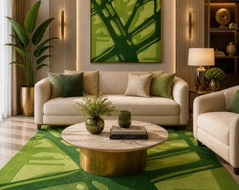 Tapete de lã esculpido abstrato verde | Tapete moderno de pelo alto para sala de estar
