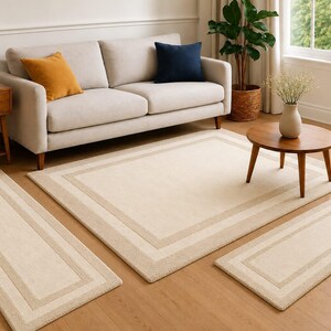 Hand-Tufted Wool Area Rug: Cream Beige Border, Organic Modern Plush Carpet (Custom Sizes)