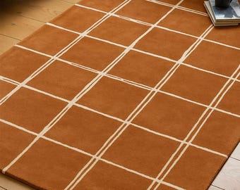 Tapete quadriculado terracota tufado à mão | Tapete moderno de pelo cortado em tom laranja ferrugem para quarto