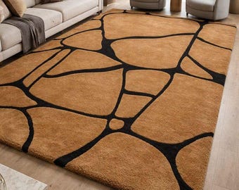 8x10 Hand-Tufted Wool Rug – Abstract Geometric Stone Pattern, Camel Brown Area Rug
