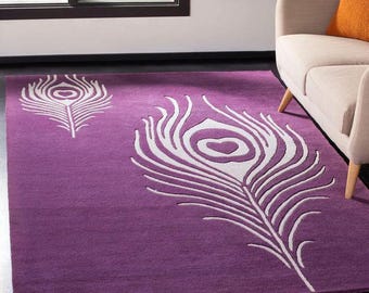 Tapete de penas de pavão roxo tufado à mão – Lã da Nova Zelândia, Tapete com Arcos Abstratos