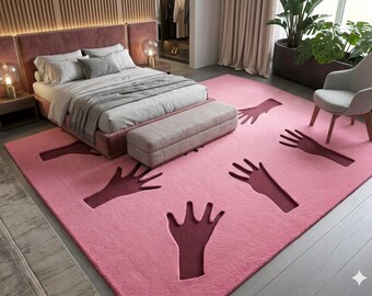 Hand Tufted Pink Handprint Wool Rug, Soft Cut Pile Carpet