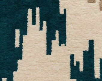 Tapete de lã tufado à mão – Tapete geométrico abstrato em tons de azul-petróleo e bege para sala de estar
