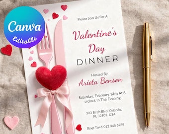 Invitación a cena de San Valentín, plantilla editable de Canva (descarga digital instantánea)