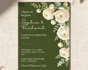 Plantilla de invitación de boda con diseño floral de melancólico, invitación botánica de Canva con rosas blancas (descarga digital)