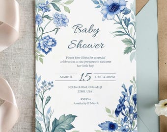 Invitación floral azul para baby shower / Plantilla editable de Canva