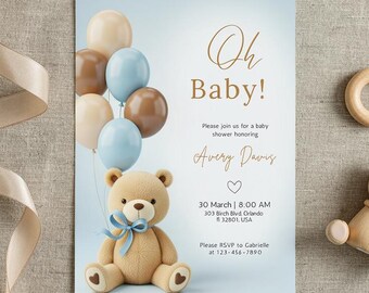 Invitación para baby shower con osito de peluche / Plantilla de Canva neutra (descarga digital)
