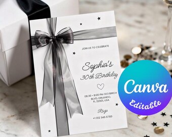 Elegante invitación de cumpleaños con lazo negro, tarjeta minimalista moderna (editable en Canva, descarga instantánea)