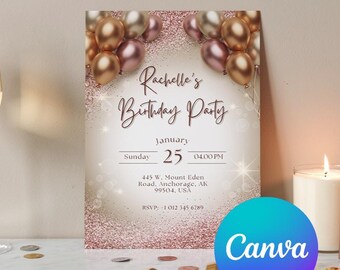 Invitación de cumpleaños con globo dorado rosa, elegante plantilla de Canva (descarga digital)