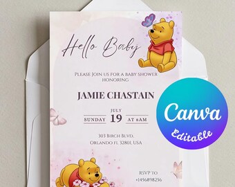 Invitación para baby shower de osito de peluche / Plantilla editable de Canva