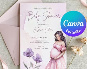 Elegante invitación rosa para baby shower, futura mamá en acuarela, plantilla editable de Canva (descarga digital)