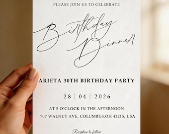 Invitación minimalista para cena de cumpleaños, plantilla con texto moderno (descarga digital)