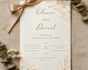 Plantilla de invitación de boda minimalista con diseño floral dorado (Canva editable)