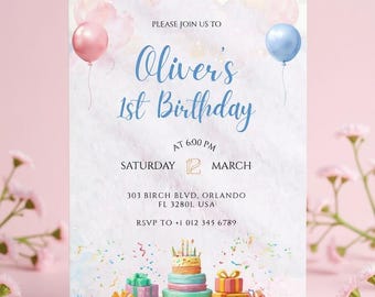 Invitación de primer cumpleaños en acuarela, globos pastel, plantilla de Canva (descarga digital)