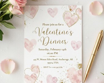 Invitación elegante para cena de San Valentín, plantilla de Canva (descarga instantánea)