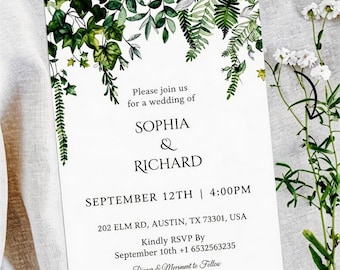 Plantilla de invitación de boda de primavera / Invitación de boda imprimible en tonos marfil, verde y dorado / Descarga de invitación de boda editable