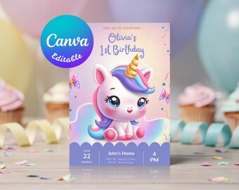 Invitación de primer cumpleaños de unicornio, fiesta de cumpleaños, diseño pastel (Canva editable, descarga digital)