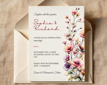 Plantilla de invitación de boda con flores silvestres, invitación floral bohemia editable (descarga digital)