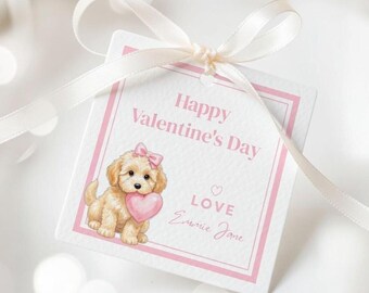 Etiqueta de regalo de San Valentín con diseño de cachorro de acuarela, plantilla imprimible de Canva (descarga digital)