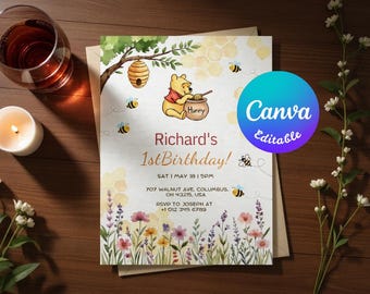 Invitación de cumpleaños con temática de Winnie the Pooh (descarga digital editable en Canva)