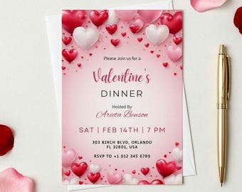Invitación a cena de San Valentín, invitación con forma de corazón, plantilla de Canva (descarga digital)