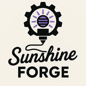 May include: A logo featuring a black gear with a purple lightbulb design at the center. Below the gear, the words "Sunshine FORGE" are written in a stylized black font against a cream background.