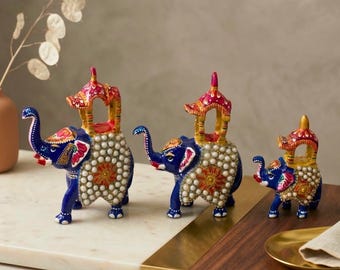Meenakari Ambabari Elephant Set | Blue Pearl Décor Elephants | Indian Home Decor Gift