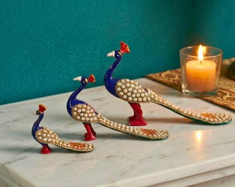 Handcrafted Peacock Figurines Set | Pearl Inlay Bird Statues, Elegant Home Decor