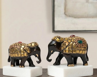 Black and Gold Elephant Figurine Set | Handmade Decorative Elephants | Indian Home Décor Gift |