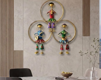 Rajasthani Wall Art Tribal Musician, Handmade Indian Metal Boho Decor