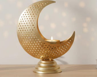 Gold Moon Tea Light Candle Holder – Perforated Metal Crescent Décor