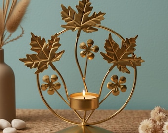 Gold Leaf Tea Light Candle Holder – Metal Floral Table Décor | Elegant Candle Stand