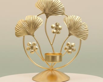 Gold Floral Leaf Tea Light Candle Holder – Metal Table Décor | Elegant Candle Stand