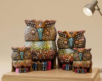 Hand-Carved Wooden Owl Family Set – Rustic Boho Home Decor | Handmade Wooden Animal Statues