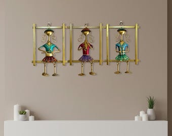 Handcrafted Metal Hanging Décor Set of 3 | Tribal Sitting Figure | Housewarming Gift