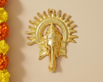 Gold Ganesh Ji Wall Hanging, Spiritual Sunburst Decor, Yoga Meditation Art