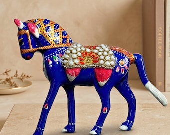 Hand Painted Rajasthani Horse Figurine | Blue Decorative Horse Statue | Handmade Indian Sculpture Gift