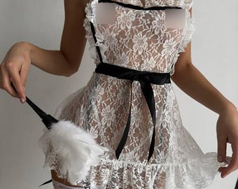 Maid Lingerie Set For Women | Lace Apron Outfit | Fishnet Stockings And Headband | Playful Costume | Elegant Women Lingerie Set for Gift