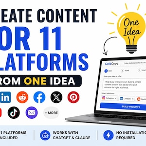 Könnte beinhalten: Bild zur Förderung der Erstellung von Inhalten für 11 Plattformen aus einer Idee. Der Text lautet: "Erstelle Inhalte für 11 Plattformen aus einer Idee". Ein Laptop zeigt eine Content-System-Oberfläche. Social-Media-Plattform-Symbole sind ebenfalls abgebildet.
