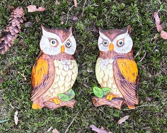 Pair of Vintage Ceramic Owl Wall Hangings, 1970s Woodland Cabin Decor, Retro Kitsch Bird Plaques, Cozy Cottagecore Decor