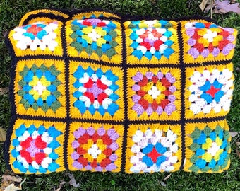 Vintage Knitted Blanket | Yellow Flower Blanket