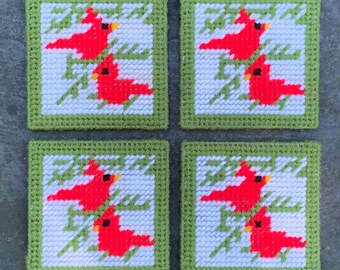 Vintage Cross Stitch Bird Coasters Set, Fabric Drink Coasters, Handmade Embroidery Linen, Retro Cottagecore Table Decor