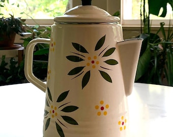 Vintage Metal Coffee or Tea Pot with Painted Flowers