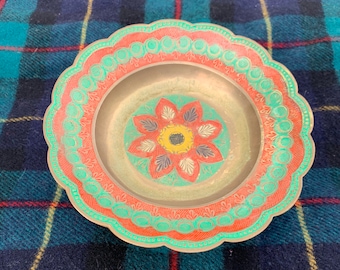 Enameled Middle Eastern Brass Bowl, Hand Painted Antique Compote, Bohemian Pedestal Trinket Dish, Eclectic Catchall Decor
